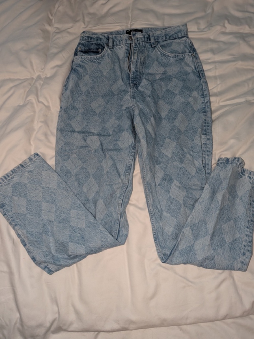 ASOS Y2K/Vintage-Inspired Argyle Print Light Wash Straight Leg Jeans Size 28
